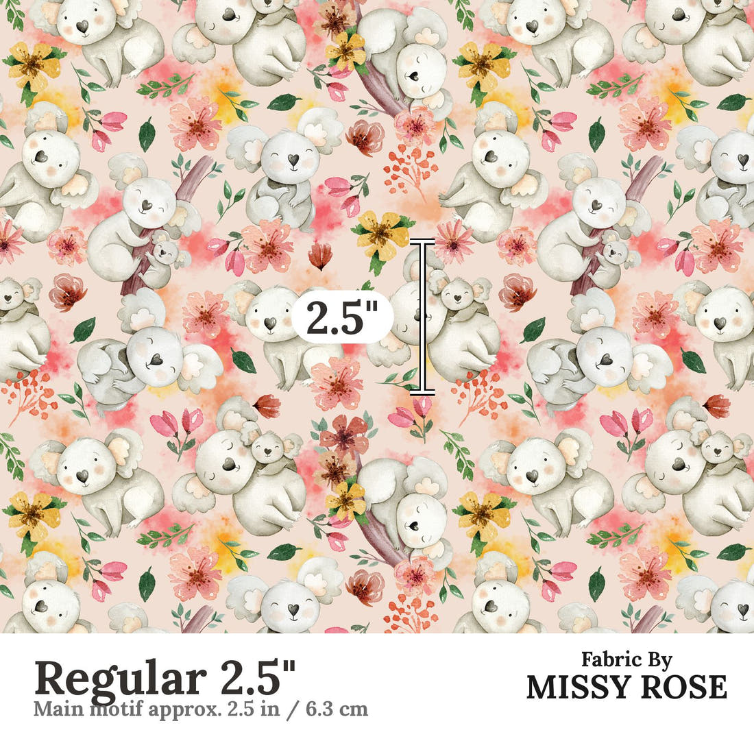 Design 1192 Pink Koala Fabric Regular 2.5 inch print scale guide | Fabric by Missy Rose
