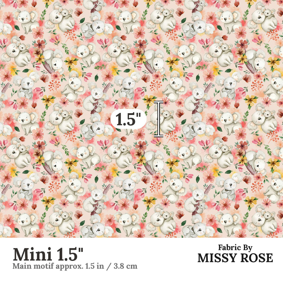 Design 1192 Pink Koala Fabric Mini 1.5 inch print scale guide | Fabric by Missy Rose