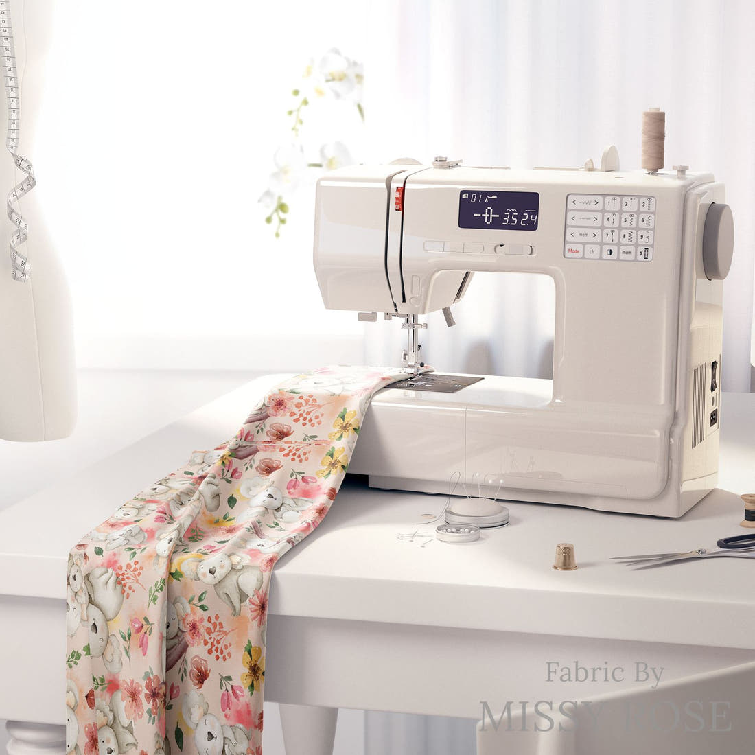 Design 1192 Pink Koala Fabric on a sewing machine – premium fabric for sewing projects | Fabric by Missy Rose
