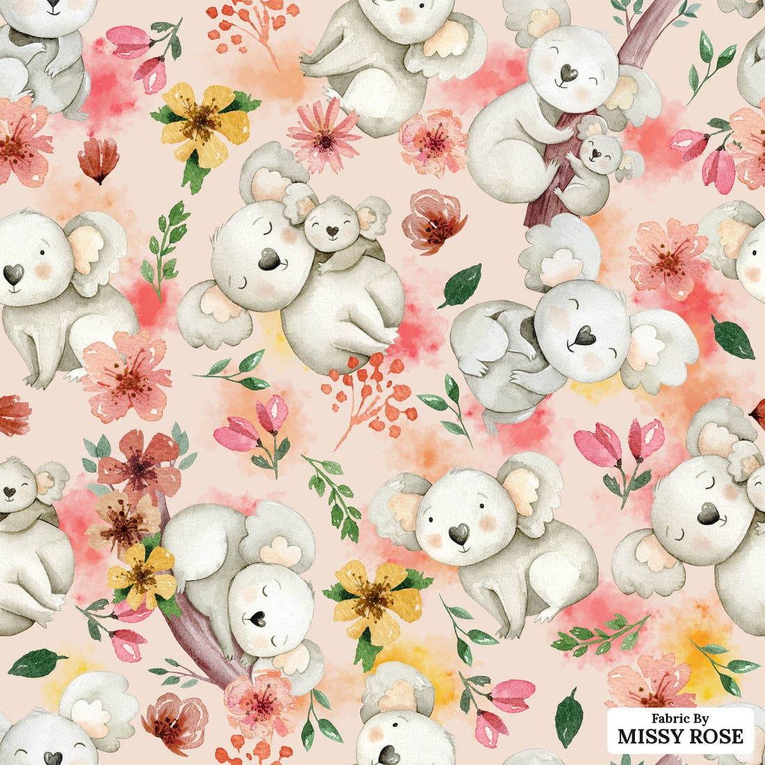Design 1192 Pink Koala Fabric – flat view of the print, zoom in for detail | Fabric by Missy Rose