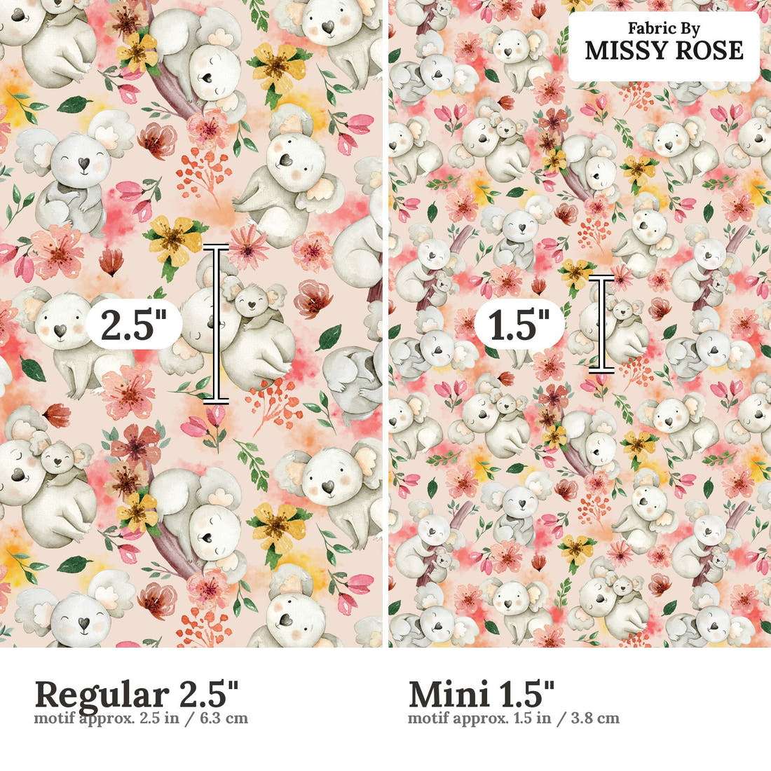 Design 1192 Pink Koala Fabric Regular 2.5 inch vs Mini 1.5 inch print scale side by side | Fabric by Missy Rose