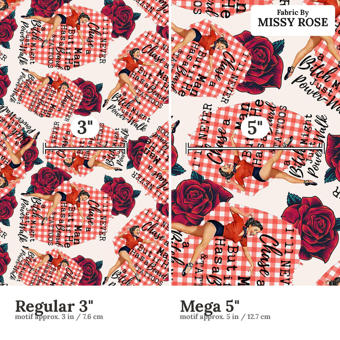 Design 1193 Funny Retro Fabric Regular 3 inch vs Mega 5 inch print scale side by side | Fabric by Missy Rose