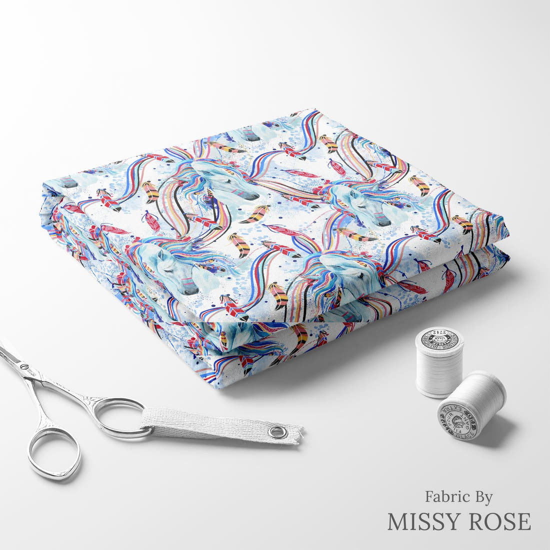 Design 1194 Horse Fabric folded fabric stack with matching thread – pre-order fabric Australia | Fabric by Missy Rose