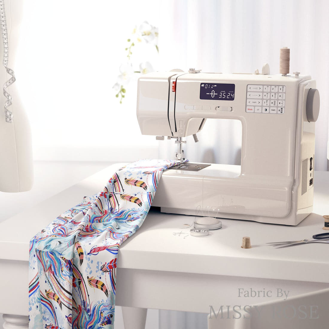 Design 1194 Horse Fabric on a sewing machine – premium fabric for sewing projects | Fabric by Missy Rose