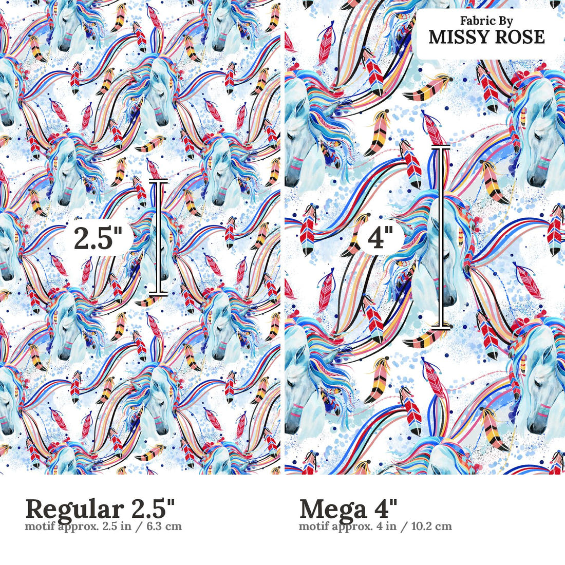 Design 1194 Horse Fabric Regular 2.5 inch vs Mega 4 inch print scale side by side | Fabric by Missy Rose