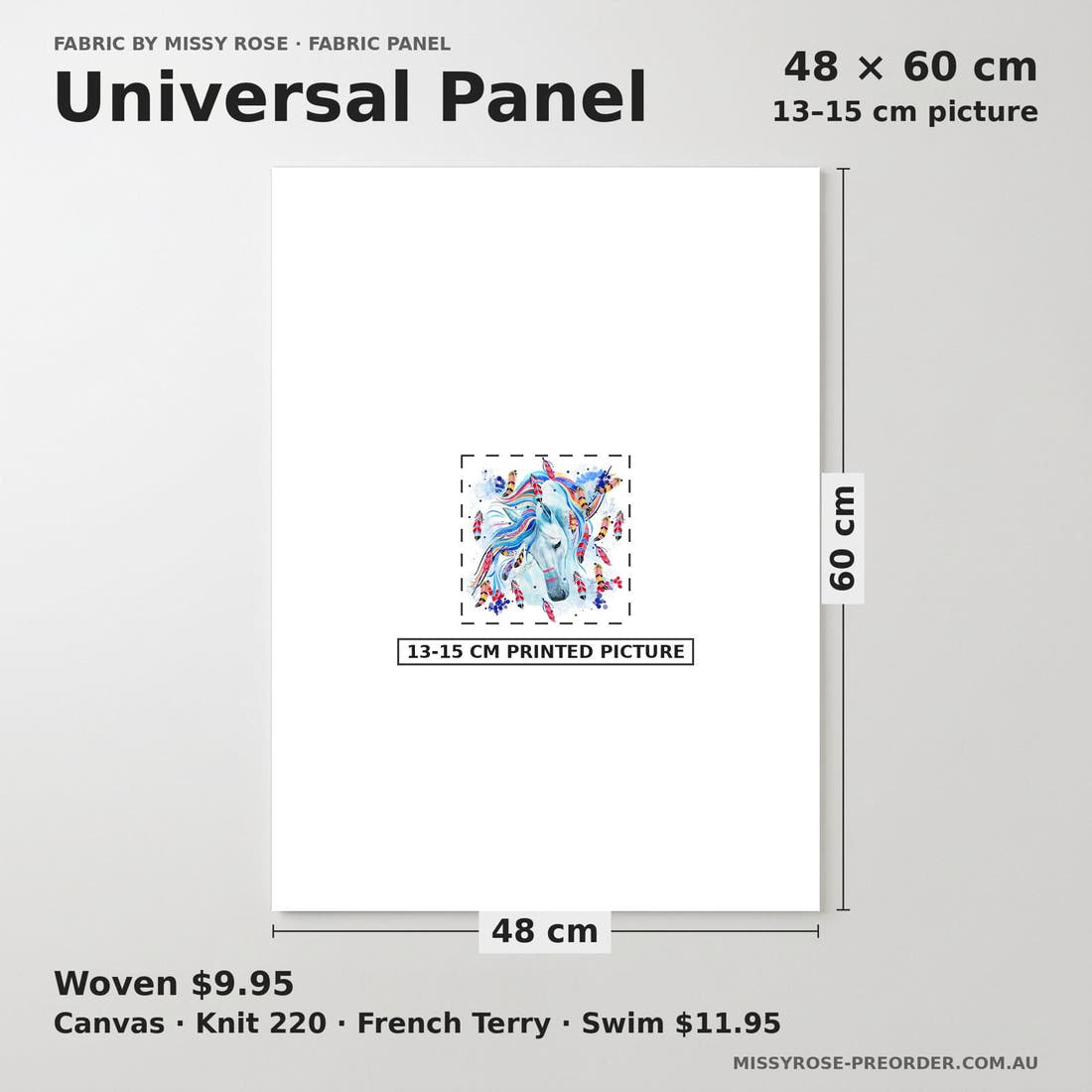 Design 1194 Horse Panel universal panel sizing – 13–15 cm printed picture on 48 × 60 cm fabric | Fabric by Missy Rose