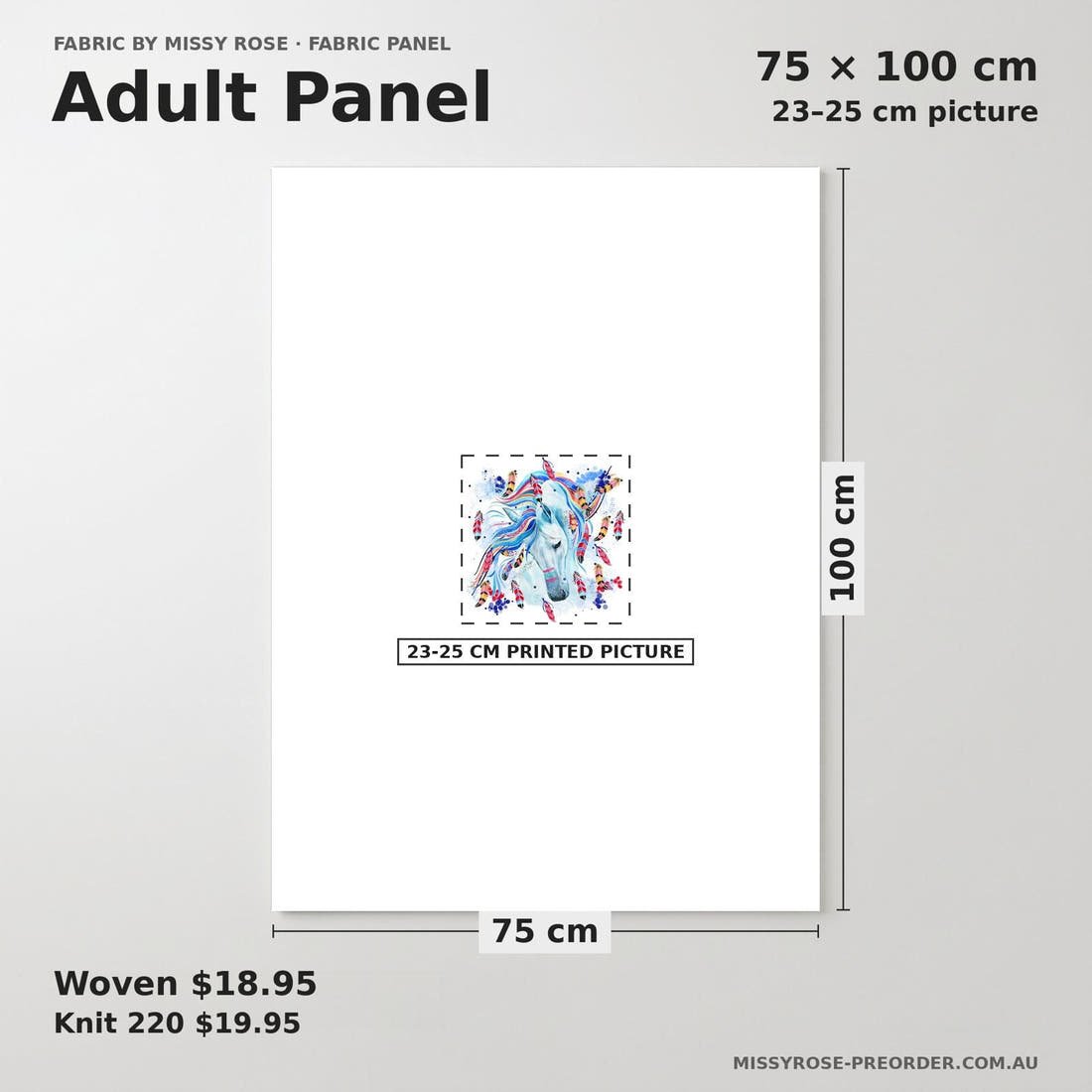 Design 1194 Horse Panel adult panel sizing – 23–25 cm printed picture on 75 × 100 cm fabric | Fabric by Missy Rose