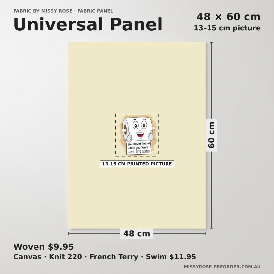 Design 1195 Toilet Paper Panel universal panel sizing – 13–15 cm printed picture on 48 × 60 cm fabric | Fabric by Missy Rose