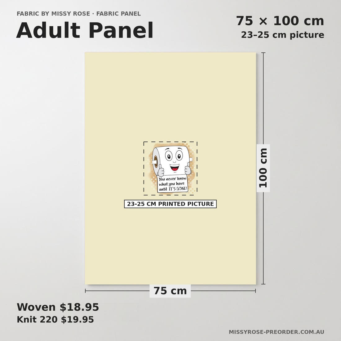 Design 1195 Toilet Paper Panel adult panel sizing – 23–25 cm printed picture on 75 × 100 cm fabric | Fabric by Missy Rose