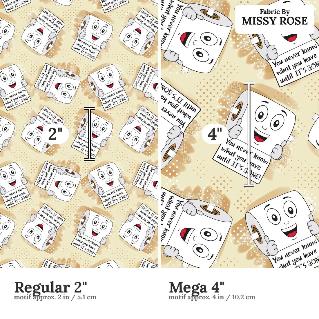 Design 1195 Toilet Paper Fabric Regular 2 inch vs Mega 4 inch print scale side by side | Fabric by Missy Rose