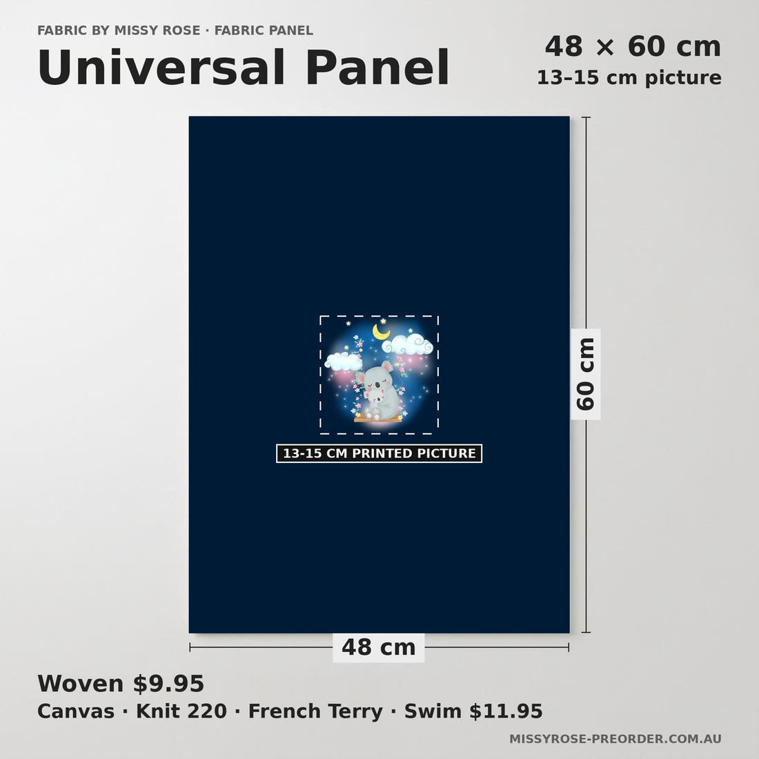 Design 1196 Sweet Koala Panel universal panel sizing – 13–15 cm printed picture on 48 × 60 cm fabric | Fabric by Missy Rose
