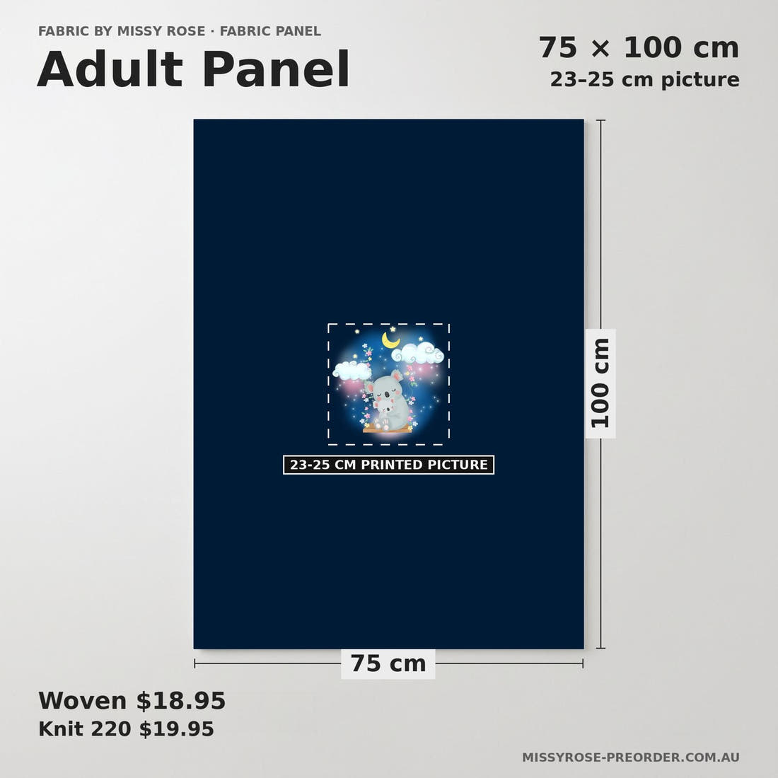 Design 1196 Sweet Koala Panel adult panel sizing – 23–25 cm printed picture on 75 × 100 cm fabric | Fabric by Missy Rose