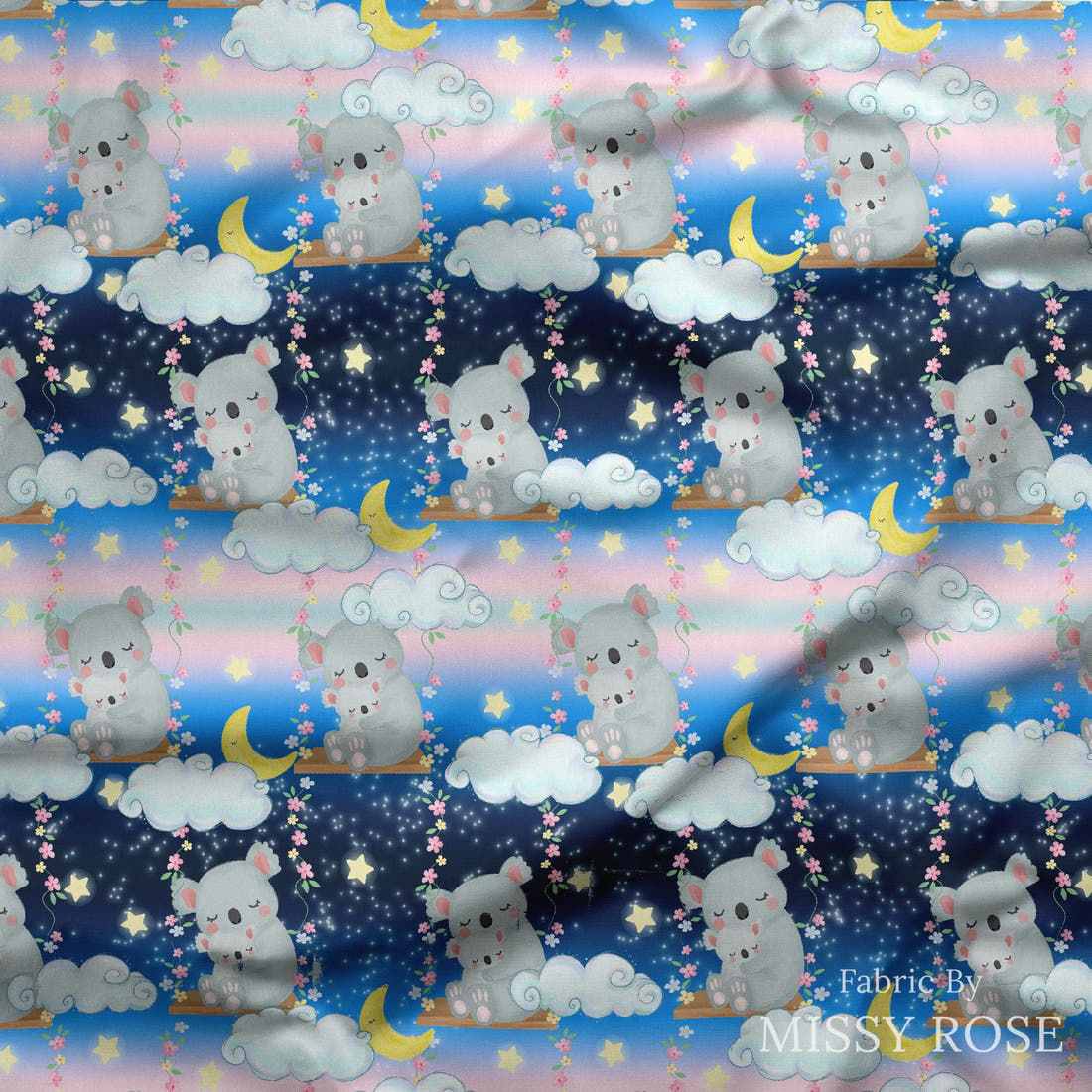 Design 1196 Sweet Koala Fabric draped fabric mockup – custom printed fabric by the metre | Fabric by Missy Rose