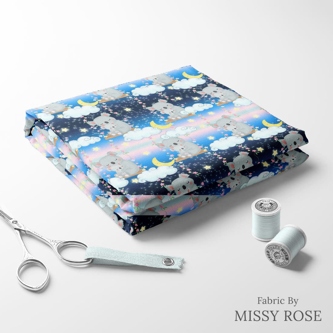 Design 1196 Sweet Koala Fabric folded fabric stack with matching thread – pre-order fabric Australia | Fabric by Missy Rose