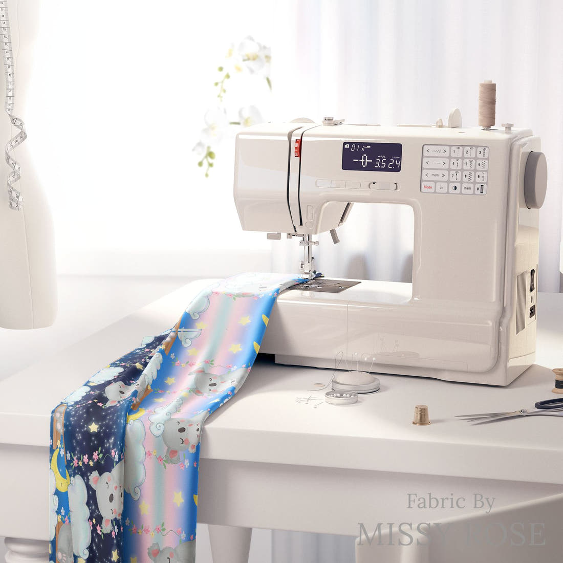 Design 1196 Sweet Koala Fabric on a sewing machine – premium fabric for sewing projects | Fabric by Missy Rose