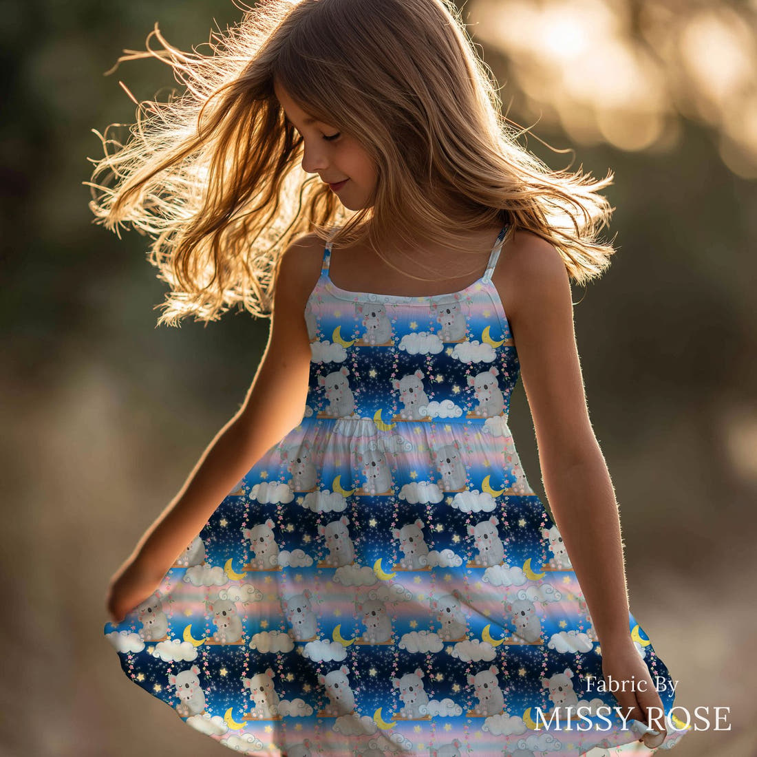 Design 1196 Sweet Koala Fabric sewn into a girls' dress – see how the print looks made up | Fabric by Missy Rose
