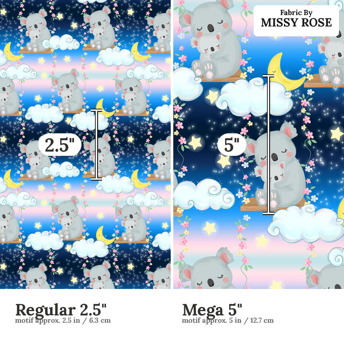 Design 1196 Sweet Koala Fabric Regular 2.5 inch vs Mega 5 inch print scale side by side | Fabric by Missy Rose