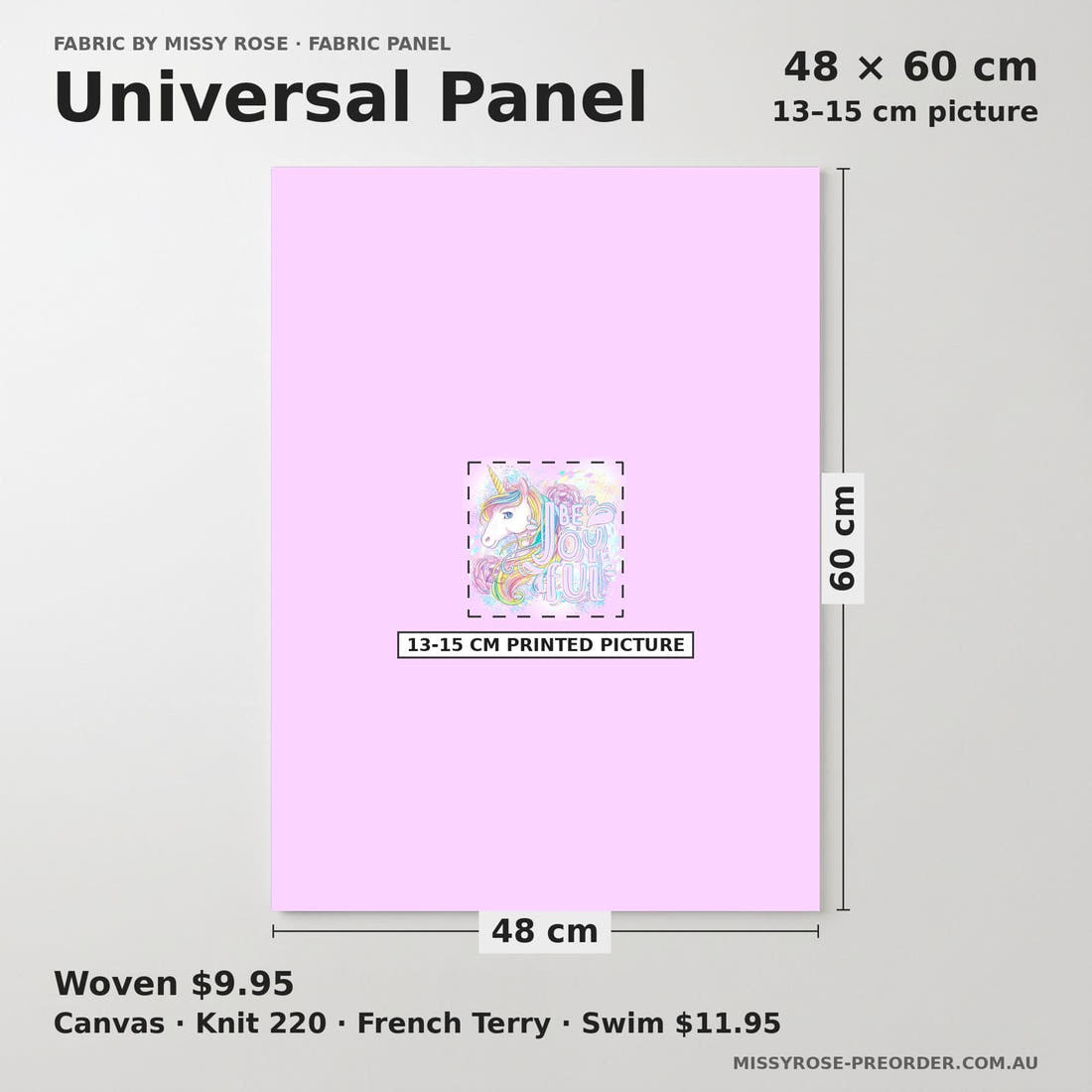 Design 1197 Rainbow Unicorn Panel universal panel sizing – 13–15 cm printed picture on 48 × 60 cm fabric | Fabric by Missy Rose