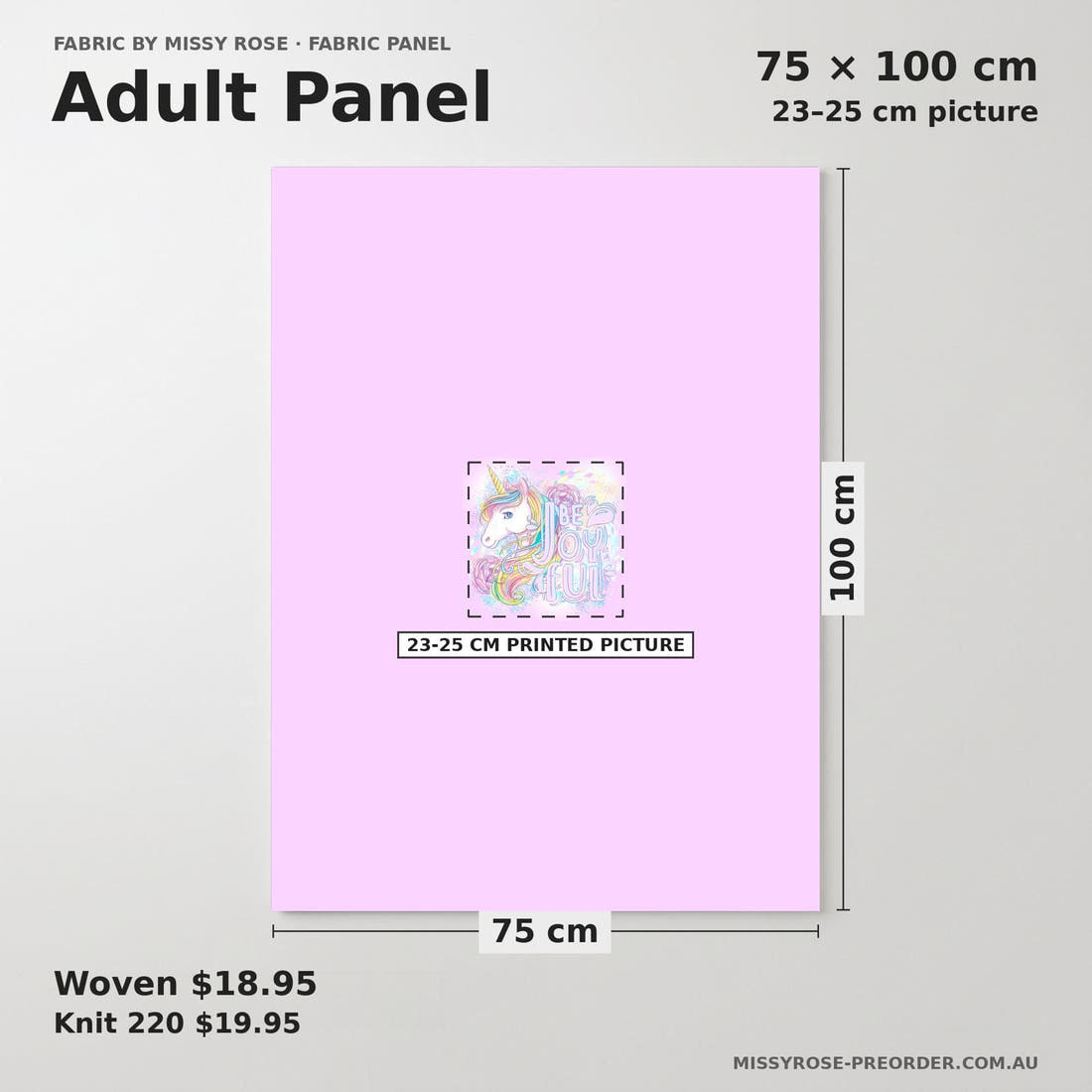 Design 1197 Rainbow Unicorn Panel adult panel sizing – 23–25 cm printed picture on 75 × 100 cm fabric | Fabric by Missy Rose