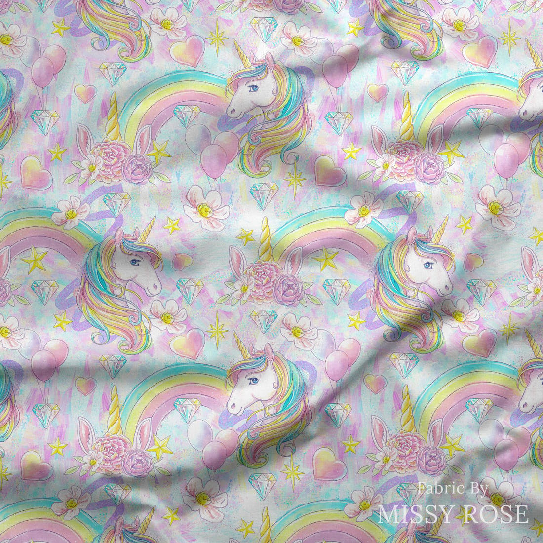 Design 1197 Rainbow Unicorn Fabric draped fabric mockup – custom printed fabric by the metre | Fabric by Missy Rose