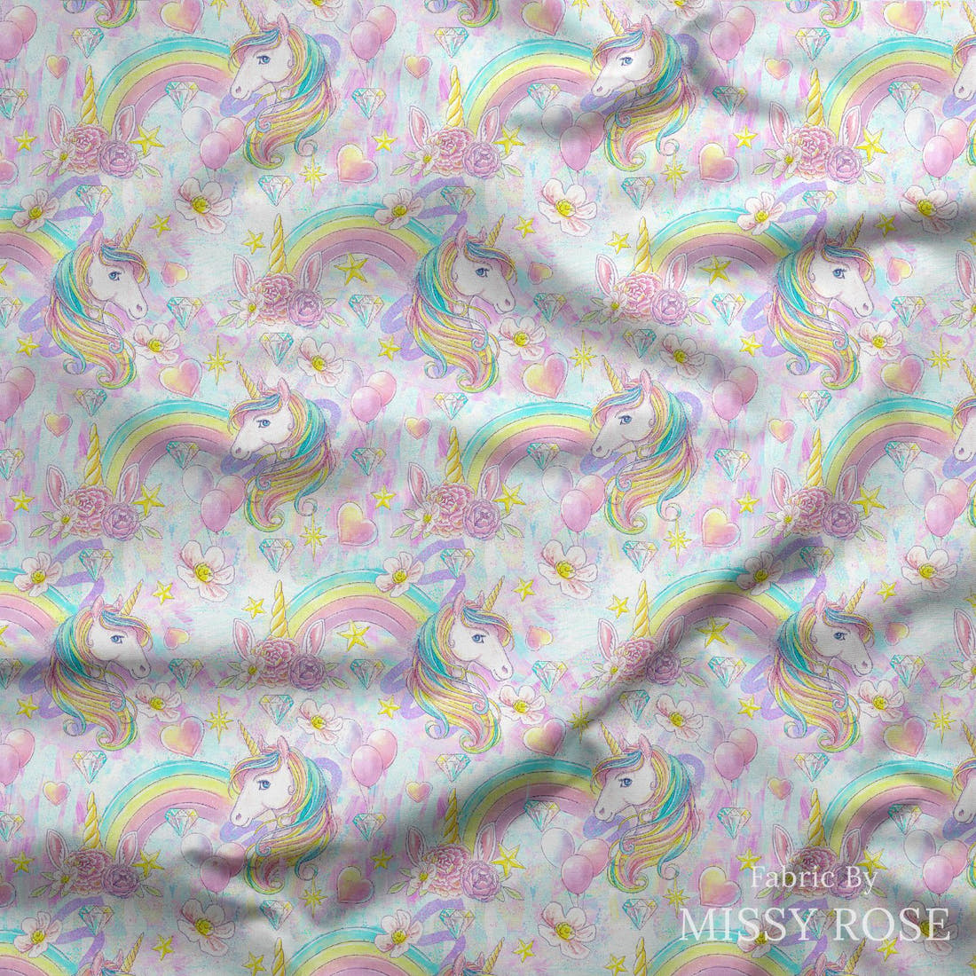 Design 1197 Rainbow Unicorn Fabric draped fabric mockup – custom printed fabric by the metre | Fabric by Missy Rose