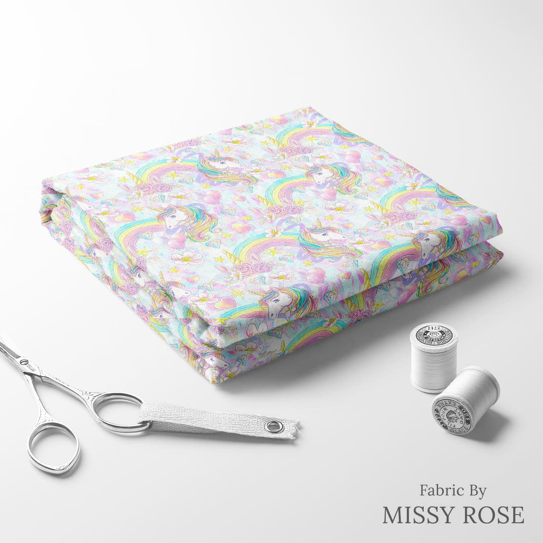 Design 1197 Rainbow Unicorn Fabric folded fabric stack with matching thread – pre-order fabric Australia | Fabric by Missy Rose