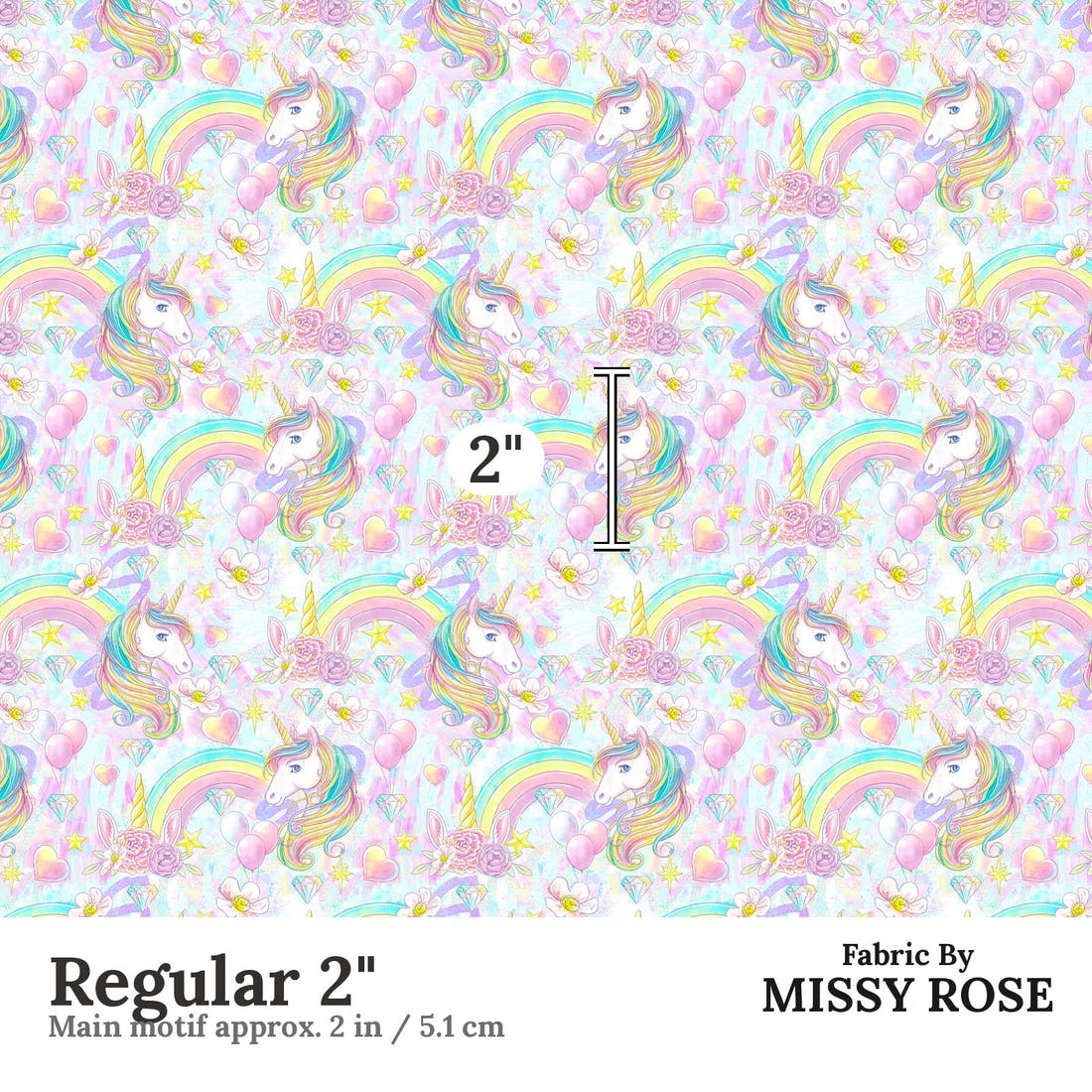 Design 1197 Rainbow Unicorn Fabric Regular 2 inch print scale guide | Fabric by Missy Rose