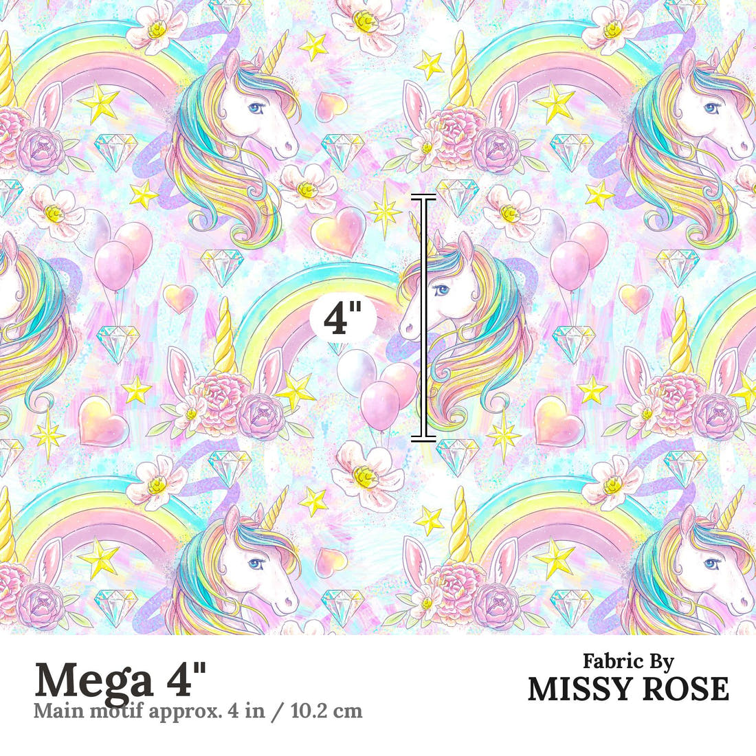 Design 1197 Rainbow Unicorn Fabric Mega 4 inch print scale guide | Fabric by Missy Rose