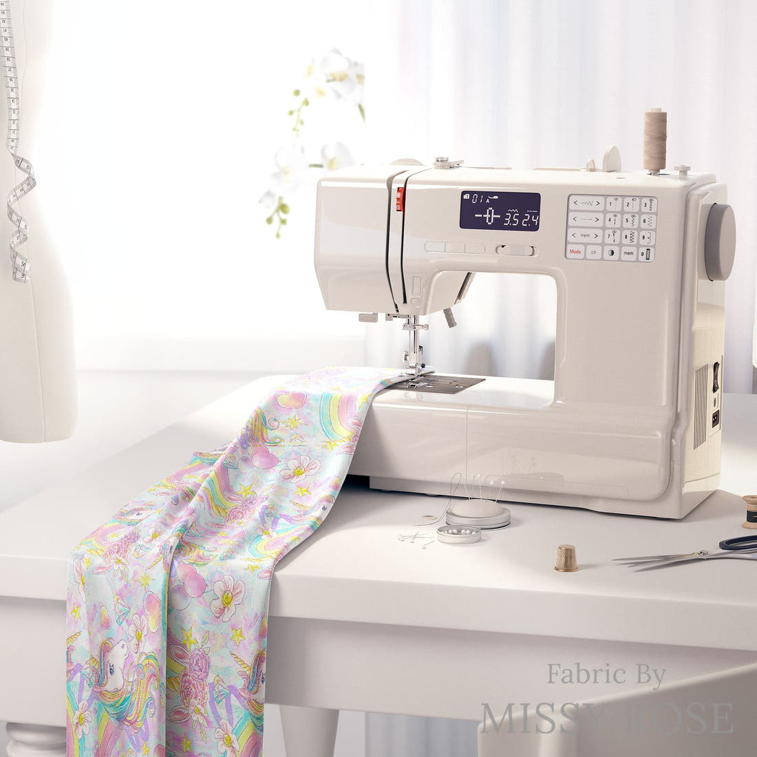 Design 1197 Rainbow Unicorn Fabric on a sewing machine – premium fabric for sewing projects | Fabric by Missy Rose