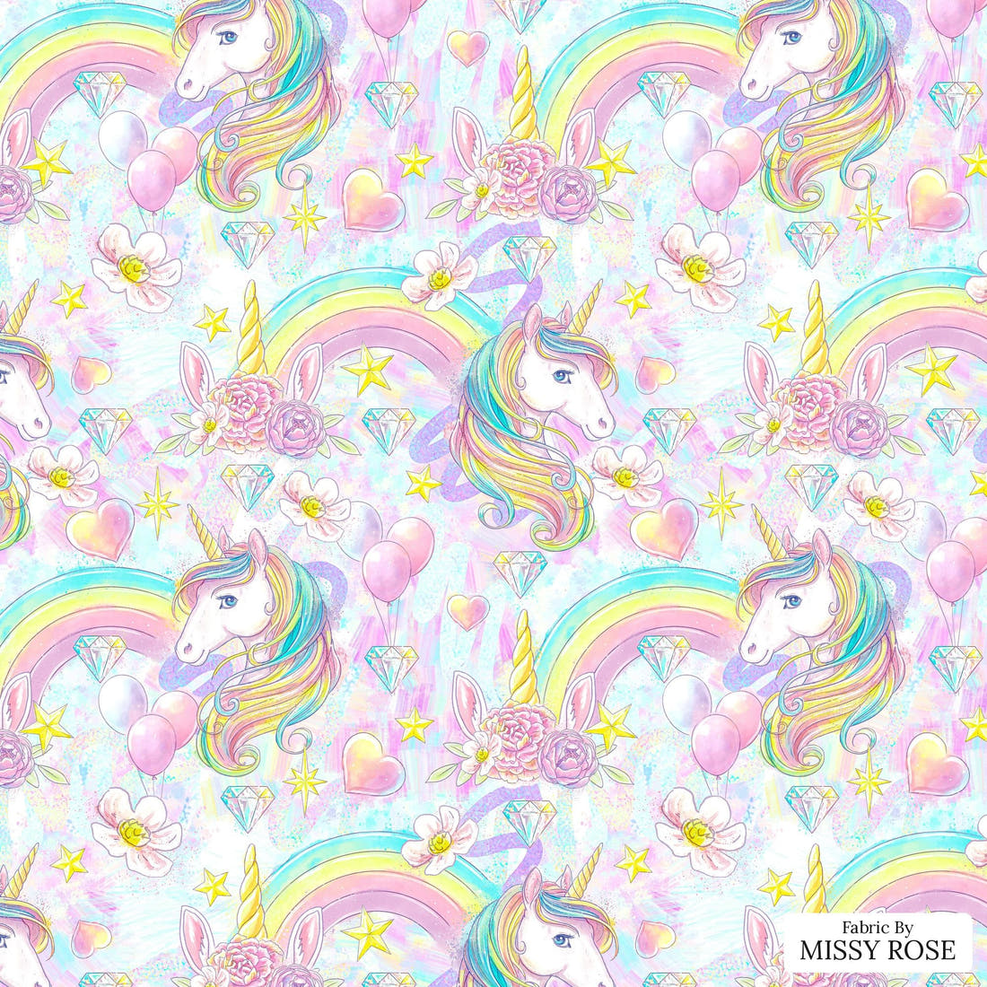 Design 1197 Rainbow Unicorn Fabric – flat view of the print, zoom in for detail | Fabric by Missy Rose