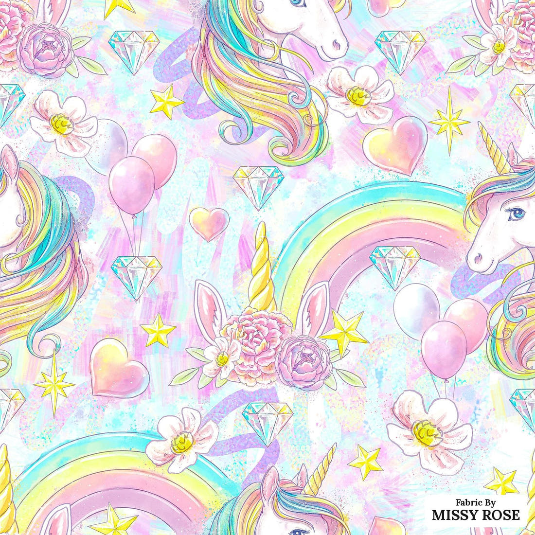 Design 1197 Rainbow Unicorn Fabric – flat view of the print, zoom in for detail | Fabric by Missy Rose