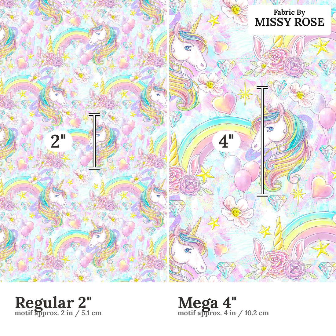 Design 1197 Rainbow Unicorn Fabric Regular 2 inch vs Mega 4 inch print scale side by side | Fabric by Missy Rose