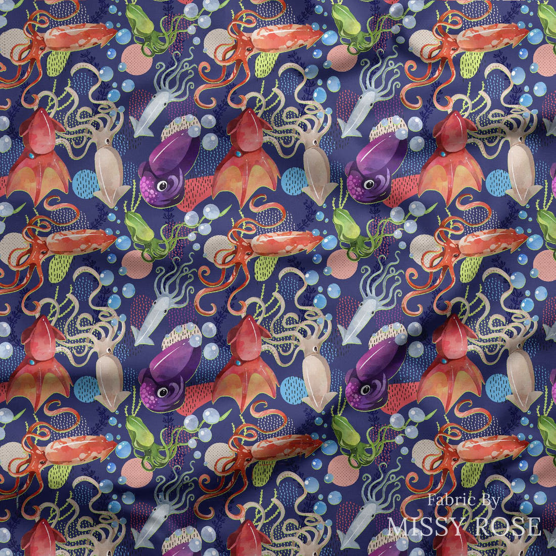 Design 1198 Underwater Animals Fabric draped fabric mockup – custom printed fabric by the metre | Fabric by Missy Rose
