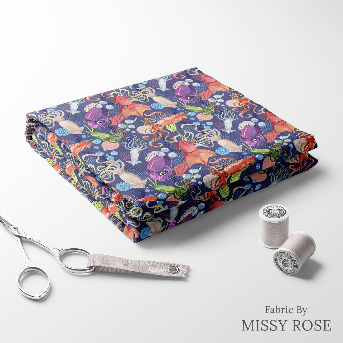 Design 1198 Underwater Animals Fabric folded fabric stack with matching thread – pre-order fabric Australia | Fabric by Missy Rose