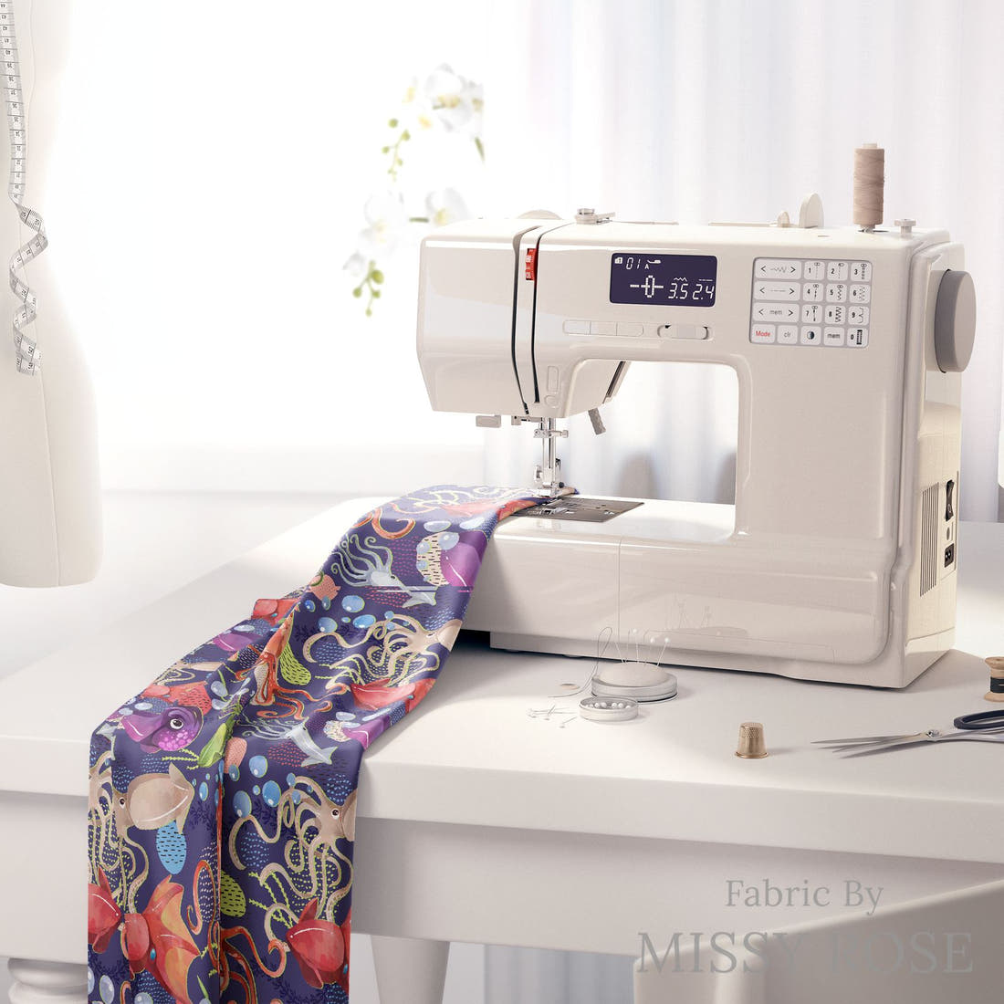 Design 1198 Underwater Animals Fabric on a sewing machine – premium fabric for sewing projects | Fabric by Missy Rose