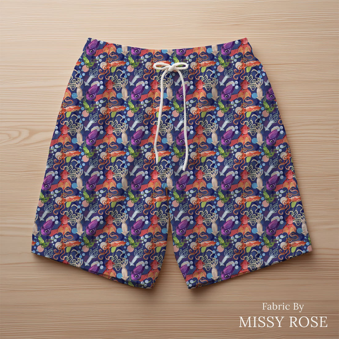 Design 1198 Underwater Animals Fabric sewn into swim shorts – see how the print looks made up | Fabric by Missy Rose