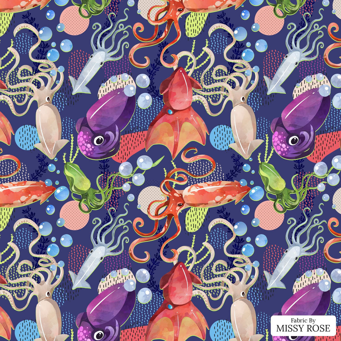 Design 1198 Underwater Animals Fabric – flat view of the print, zoom in for detail | Fabric by Missy Rose