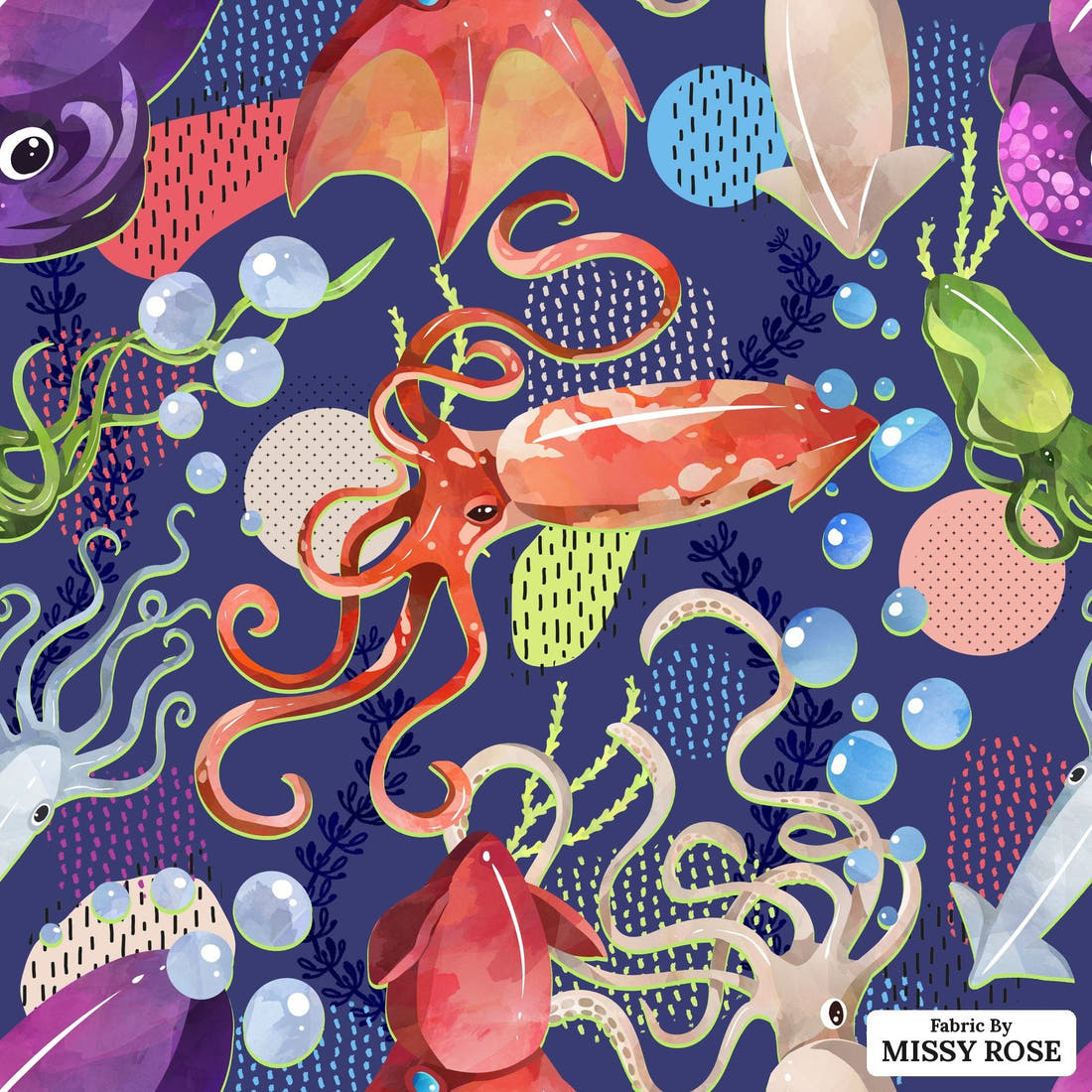 Design 1198 Underwater Animals Fabric – flat view of the print, zoom in for detail | Fabric by Missy Rose