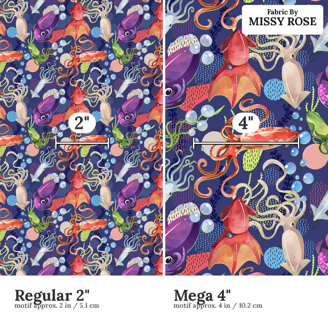 Design 1198 Underwater Animals Fabric Regular 2 inch vs Mega 4 inch print scale side by side | Fabric by Missy Rose