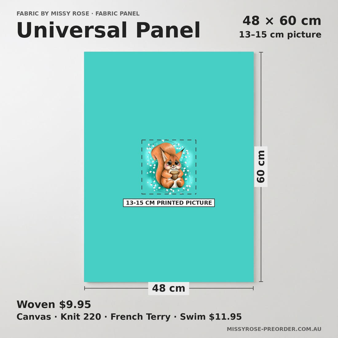Design 1199 Squirrel Panel universal panel sizing – 13–15 cm printed picture on 48 × 60 cm fabric | Fabric by Missy Rose