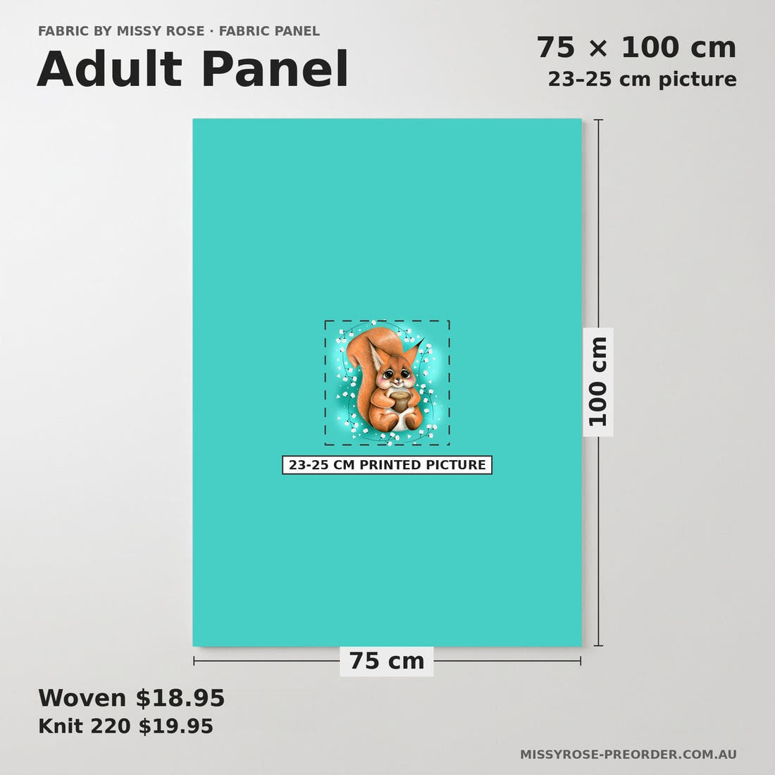 Design 1199 Squirrel Panel adult panel sizing – 23–25 cm printed picture on 75 × 100 cm fabric | Fabric by Missy Rose