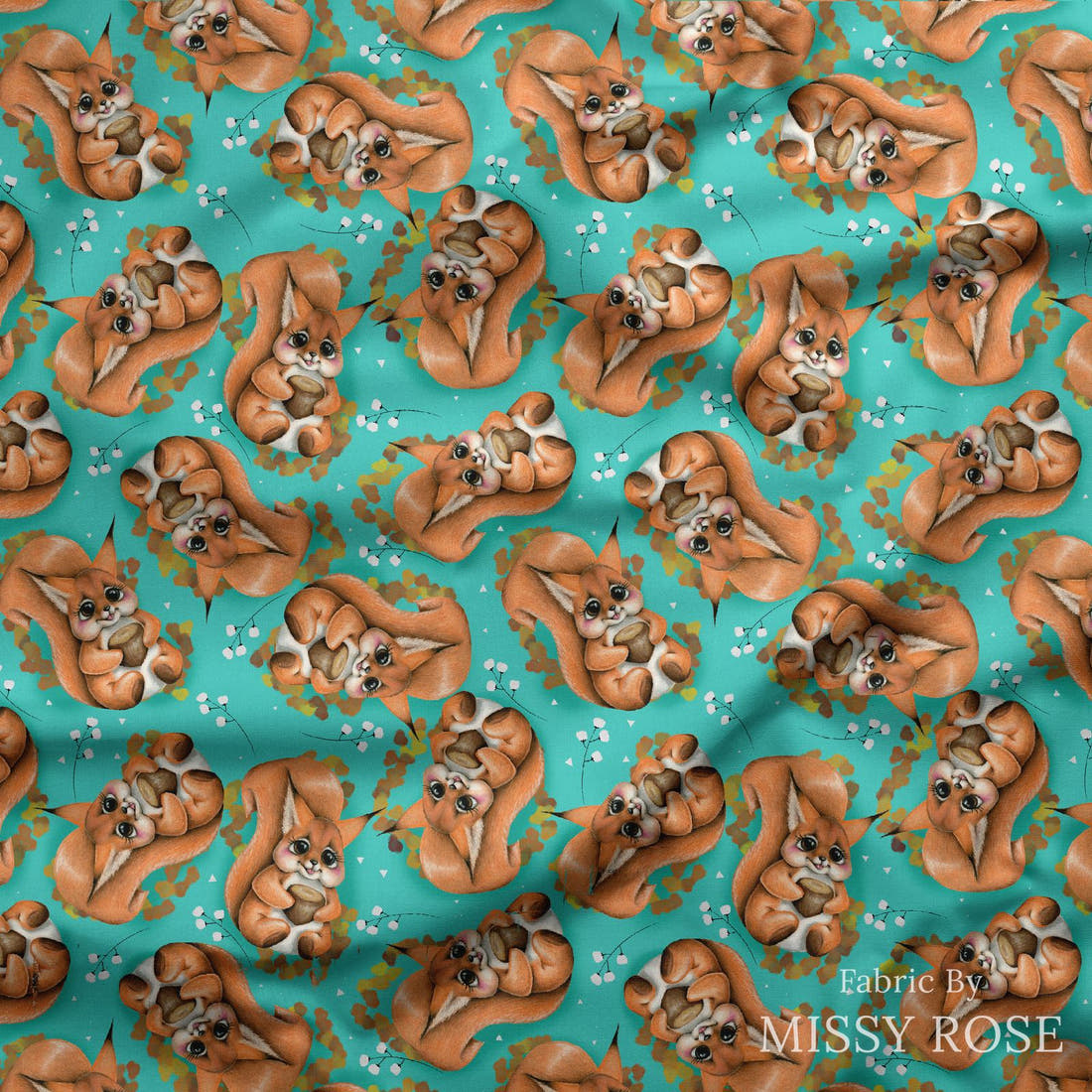 Design 1199 Squirrel Fabric draped fabric mockup – custom printed fabric by the metre | Fabric by Missy Rose
