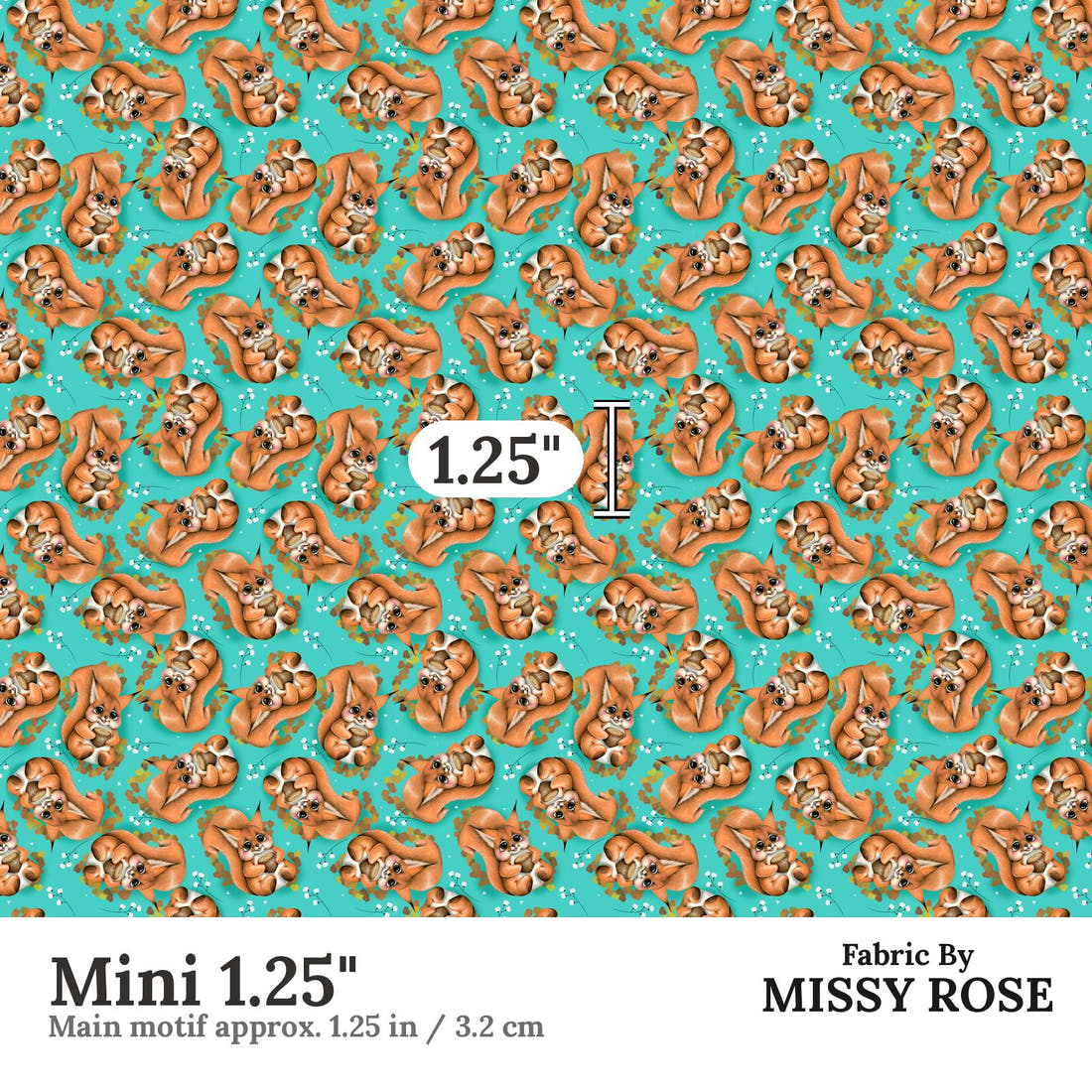 Design 1199 Squirrel Fabric Mini 1.25 inch print scale guide | Fabric by Missy Rose