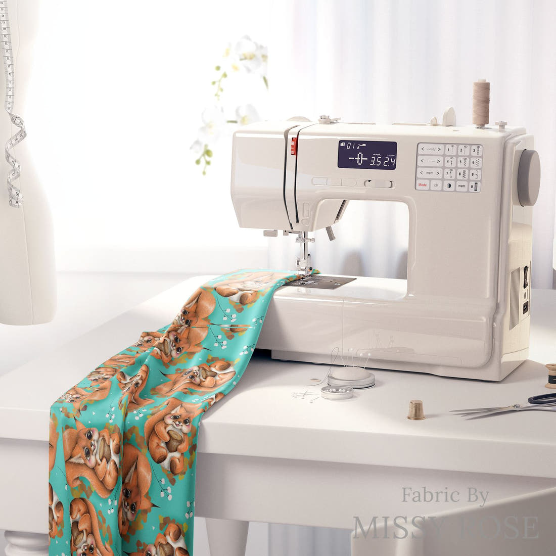 Design 1199 Squirrel Fabric on a sewing machine – premium fabric for sewing projects | Fabric by Missy Rose