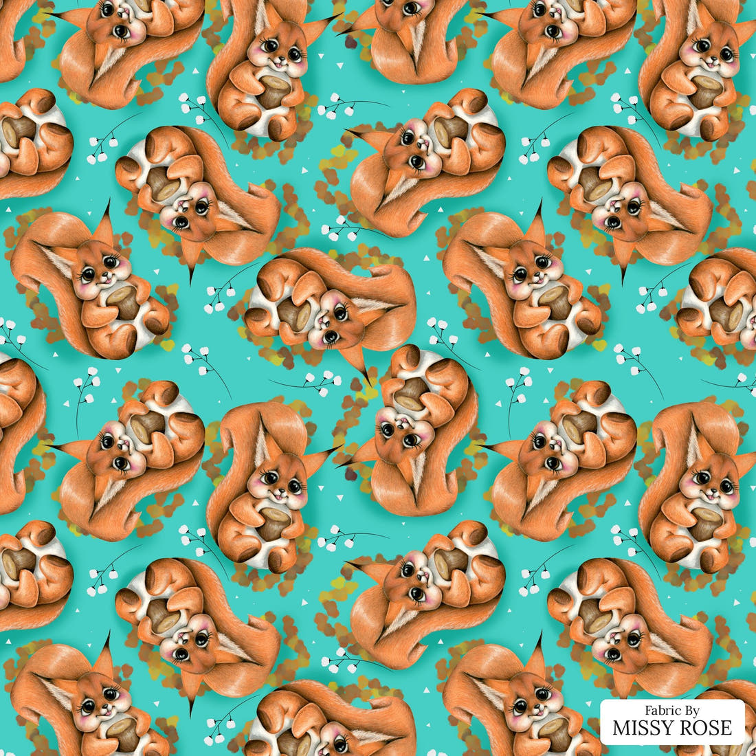 Design 1199 Squirrel Fabric – flat view of the print, zoom in for detail | Fabric by Missy Rose
