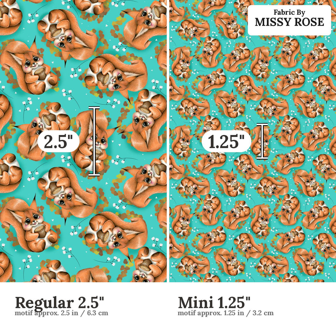 Design 1199 Squirrel Fabric Regular 2.5 inch vs Mini 1.25 inch print scale side by side | Fabric by Missy Rose