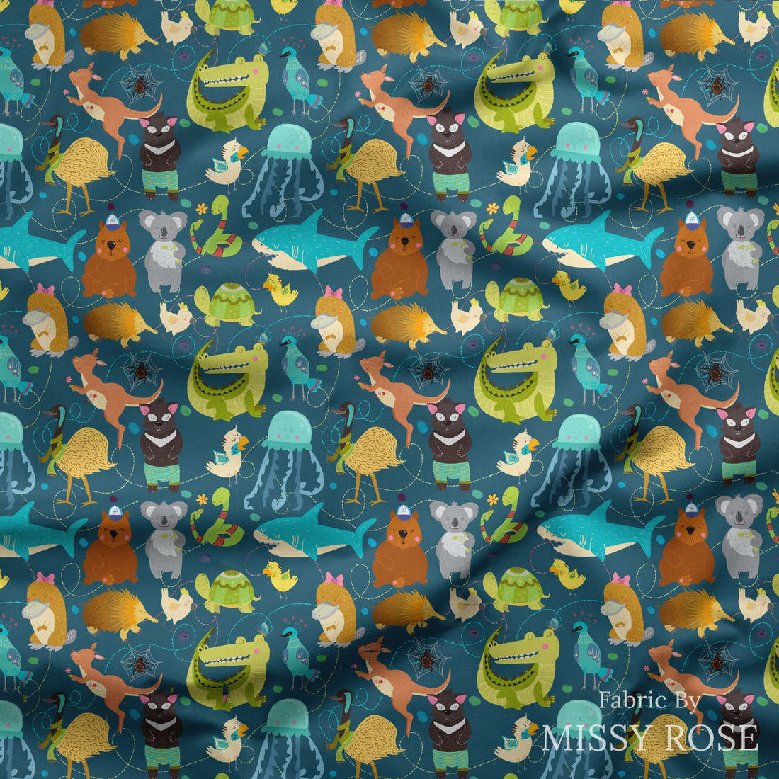Design 12 Australian Animals Fabric draped fabric mockup – custom printed fabric by the metre | Fabric by Missy Rose