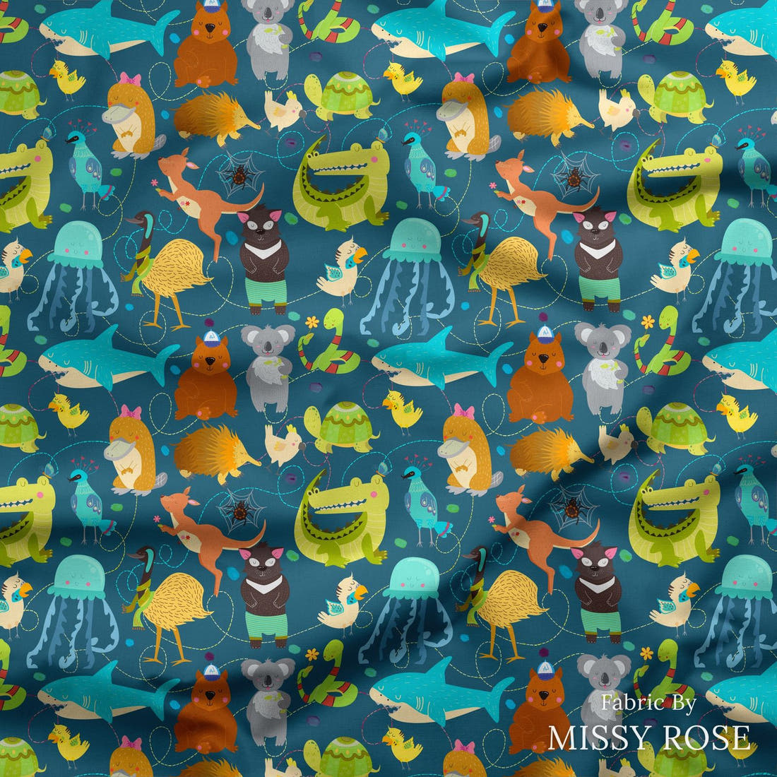 Design 12 Australian Animals Fabric draped fabric mockup – custom printed fabric by the metre | Fabric by Missy Rose