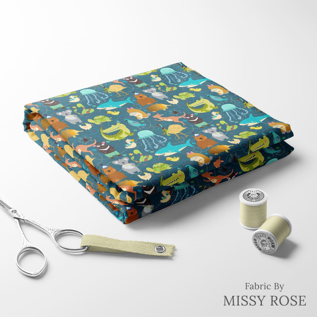 Design 12 Australian Animals Fabric folded fabric stack with matching thread – pre-order fabric Australia | Fabric by Missy Rose