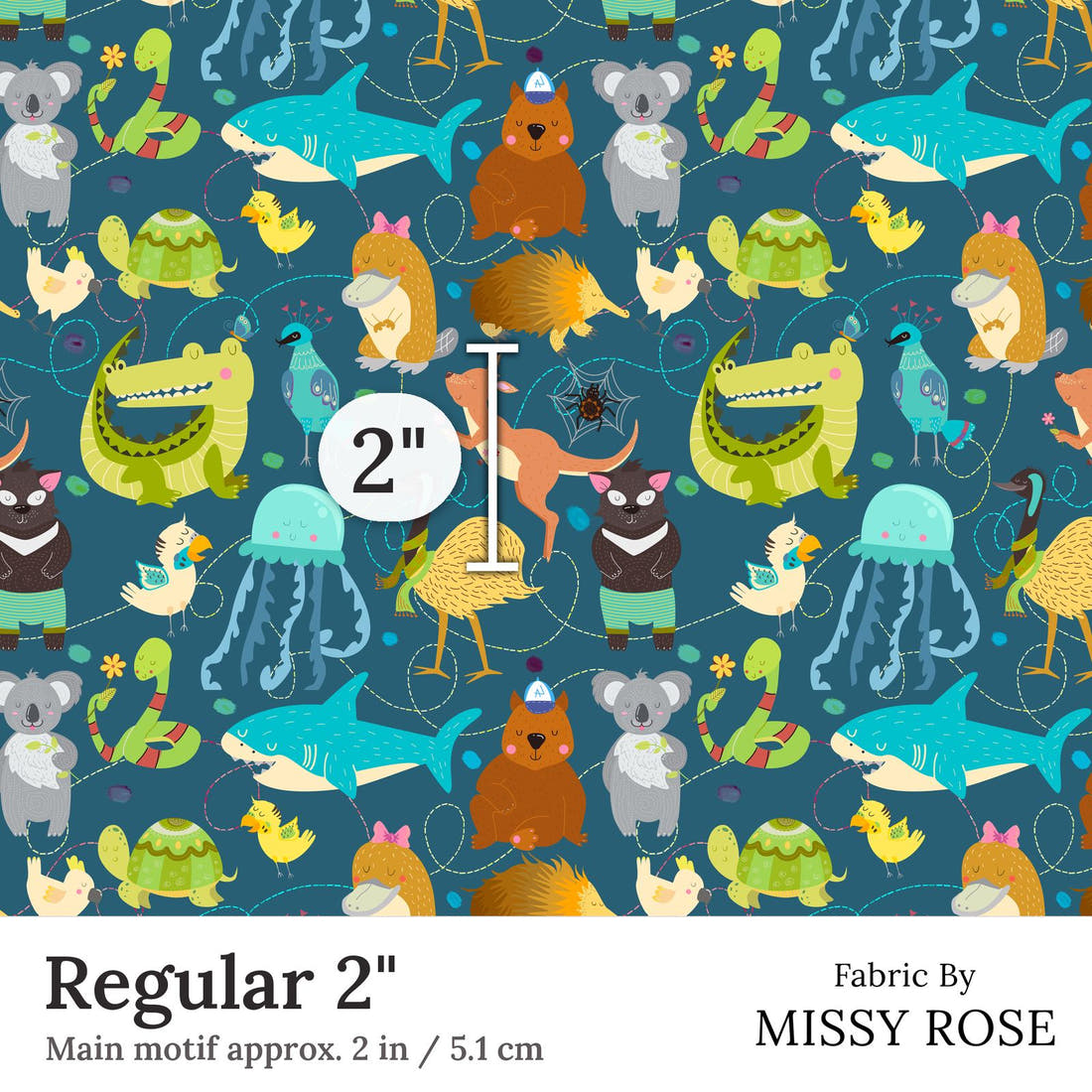 Design 12 Australian Animals Fabric Regular 2 inch print scale guide | Fabric by Missy Rose